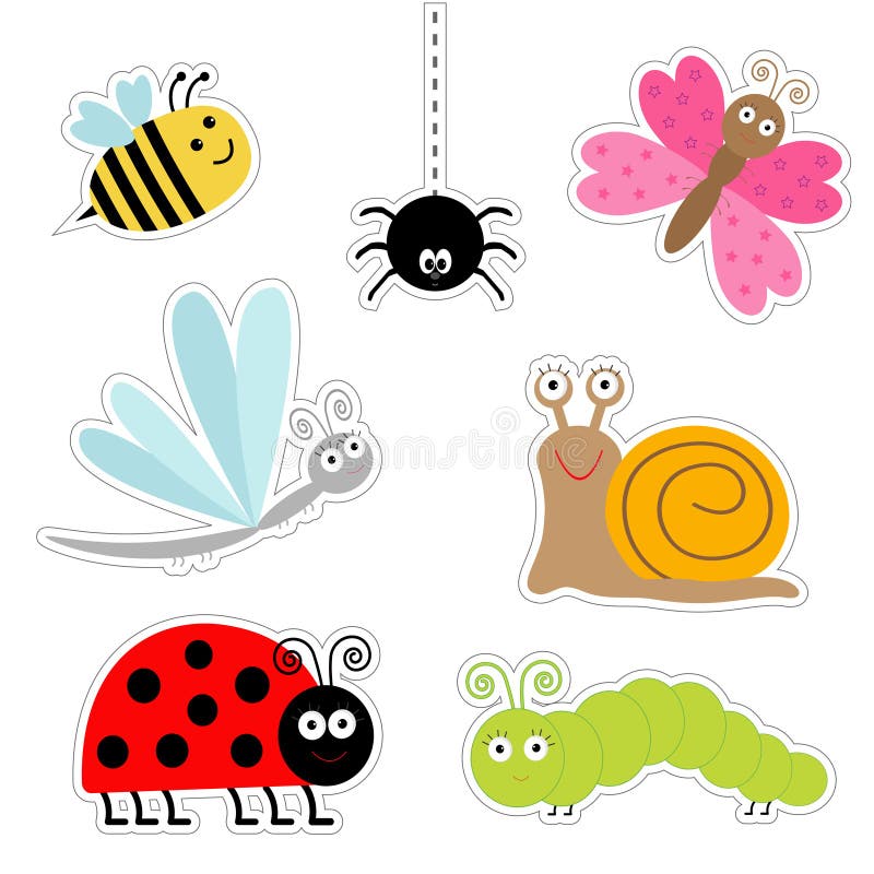 Cute cartoon insect sticker set. Ladybug dragonfly butterfly caterpillar spider snail. . Flat design. Vector illustration stock illustration