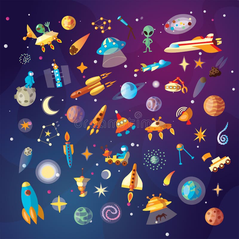 Cute cartoon space explorer, astronomy science and UFO vector set. Lunar rover, planets, rockets, space objects and royalty free illustration Cute cartoon space explorer, astronomy science and UFO vector set. Lunar rover, planets, rockets, space objects and royalty free illustration