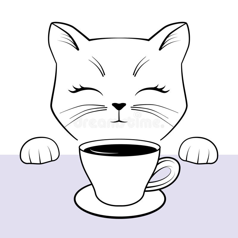 Cute cate face with paws and cup of coffee. Black outline drawing kitten character. Vector illustration for t-shirt design, cafe menu, greeting card vector illustration