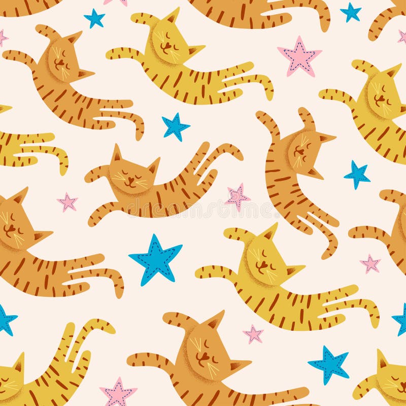 Cute cats seamless pattern with stars funny drawing. Vector texture of sleepy kitten cat decoration background for baby, kids, and. Children fashion textile stock illustration