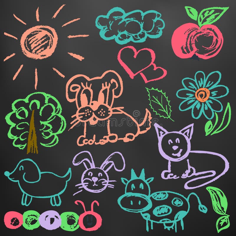 Cute children`s drawing. Colored wax crayons. Icons, signs, symbols, pins royalty free illustration