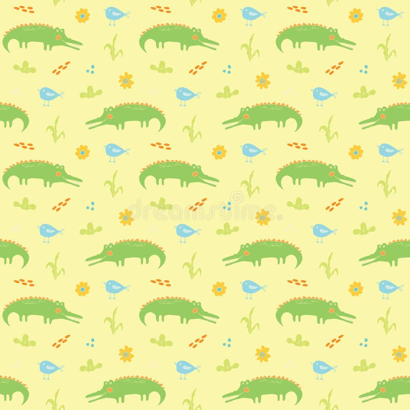 Cute Crocodile or Alligator with little bird Seamless Pattern, Cartoon Hand Drawn Animal Doodles Vector Illustration background.  stock illustration