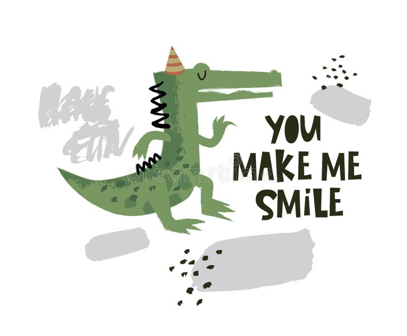 Cute crocodile dancing illustration with text You make me smile on hand drawn shapes background. Vector flat cartoon illustration for card, poster, nursery vector illustration