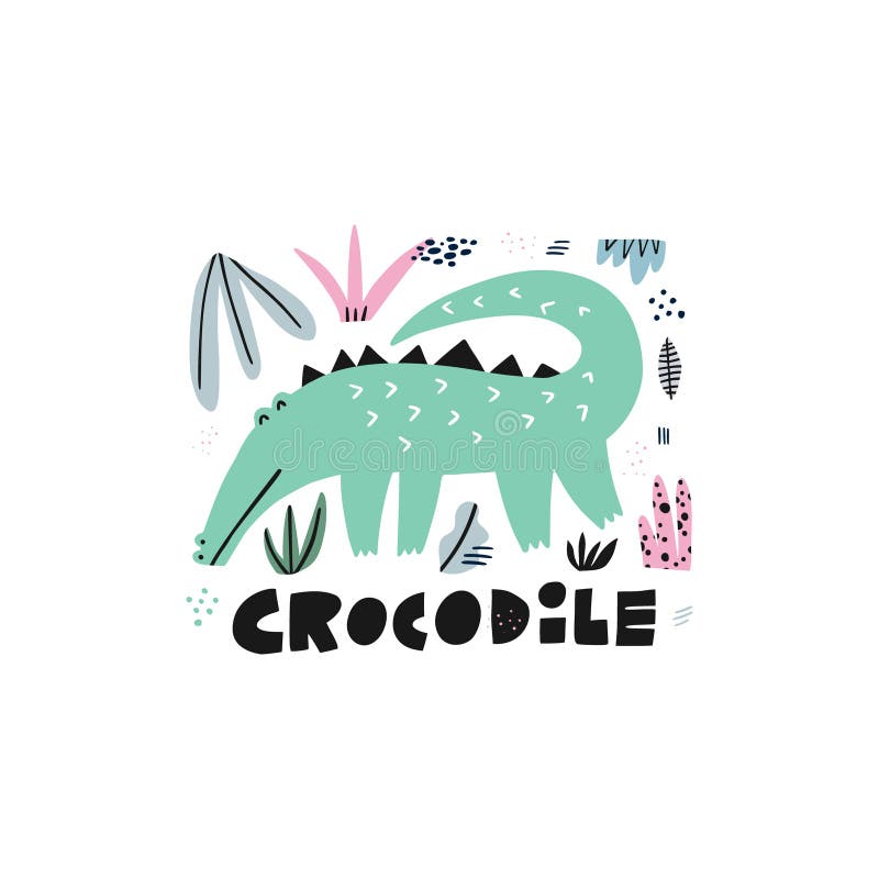 Cute crocodile hand drawn vector illustration. Alligator cartoon character with lettering. Jungle, rainforest, savanna fauna clipart. Zoo, safari reptilian vector illustration