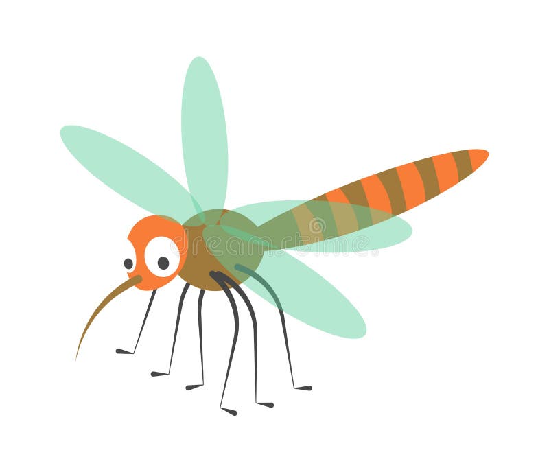 Cute dragonfly with long proboscis and striped tail. Cute dragonfly with long proboscis, many legs, thin blue transparent wings and striped tail isolated cartoon stock illustration