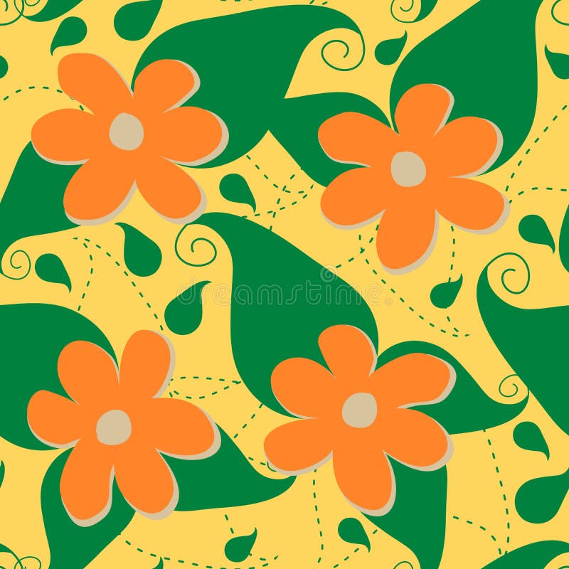 Garden theme vector seamless pattern, elements with shades. Cute four color floral pattern, hand drawn elements, colorful flowers and leaves. Garden theme stock illustration