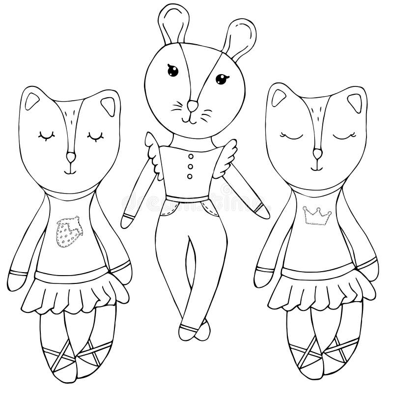 Cute girls animals in dresses with mom, vector set of elements, child drawing, coloring book for children. Cute girls animals in dresses with mom - mouse, pussy vector illustration