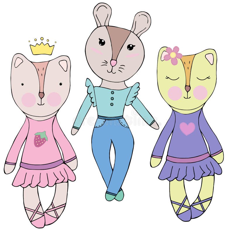 Cute girls animals in dresses with mom, vector set of elements, child drawing. Cute girls animals in dresses with mom - mouse, pussy, princess, vector set of stock illustration