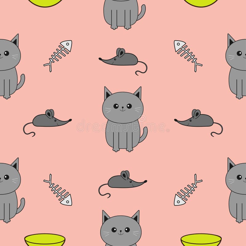 Cute gray cartoon cat. Bowl, fish bone, mouse toy. Funny smiling character. Contour Isolated. Seamless Pattern Pink background. Fl stock illustration