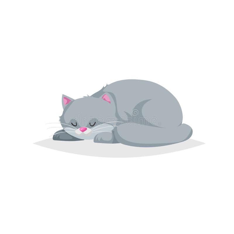 Cute gray cartoon cat sleep. Domestic relaxing farm animal. Pet drawing. Flat comic style. Ideal for education. Vector illustratio royalty free illustration