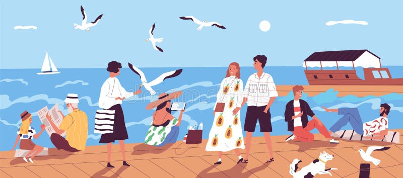 Cute happy people walking along quay or seafront and feeding seagulls against sea or ocean with sail boats on background vector illustration