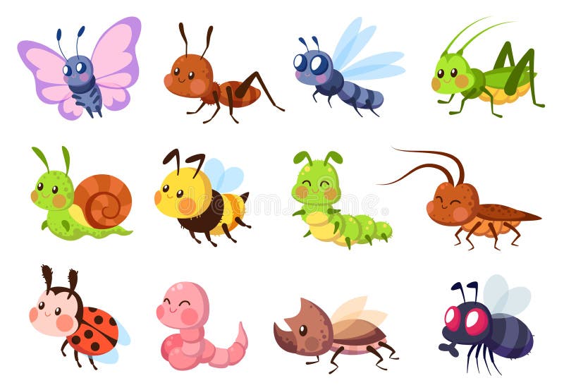 Cute insects. Bugs creatures bee and ladybug, worm, snail and butterfly, caterpillar. Mantis, dragonfly and fly cartoon. Cute insects. Bugs creatures bee and vector illustration