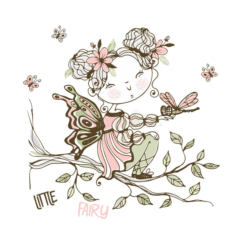 A cute little fairy with a dragonfly. Vector.  stock illustration