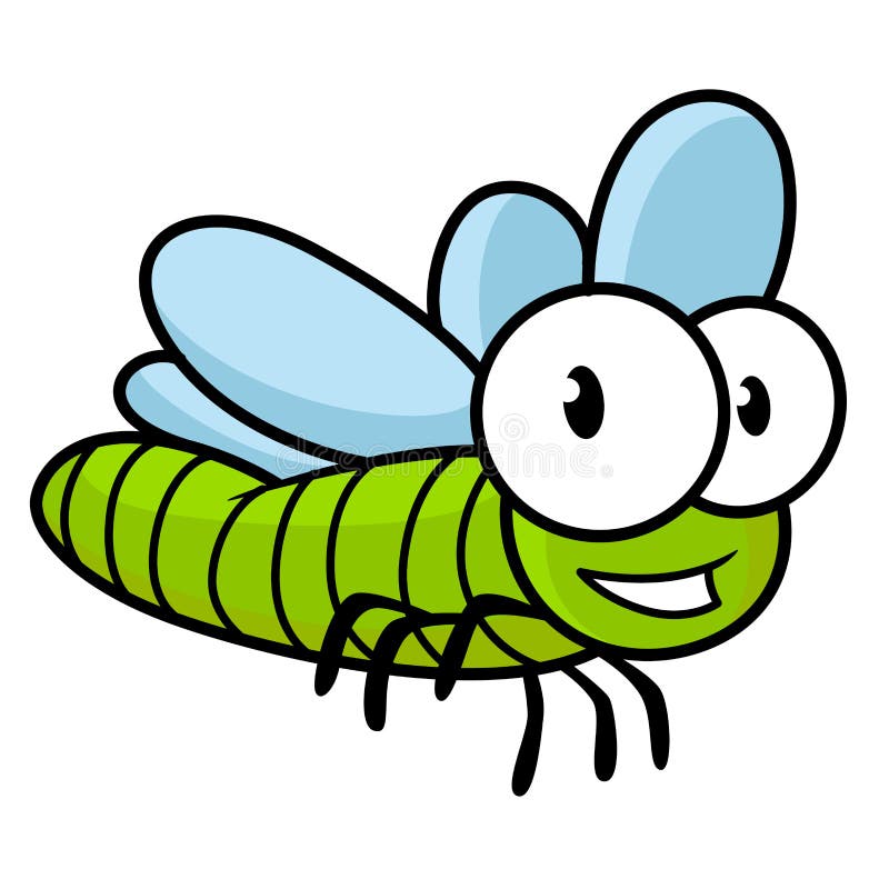 Cute little kids cartoon flying dragonfly. With a green body and large googly eyes, isolated on white stock illustration