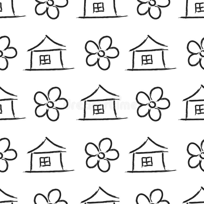 Cute seamless pattern with flower and house. Cartoon childrens hand drawing. Vector stock illustration