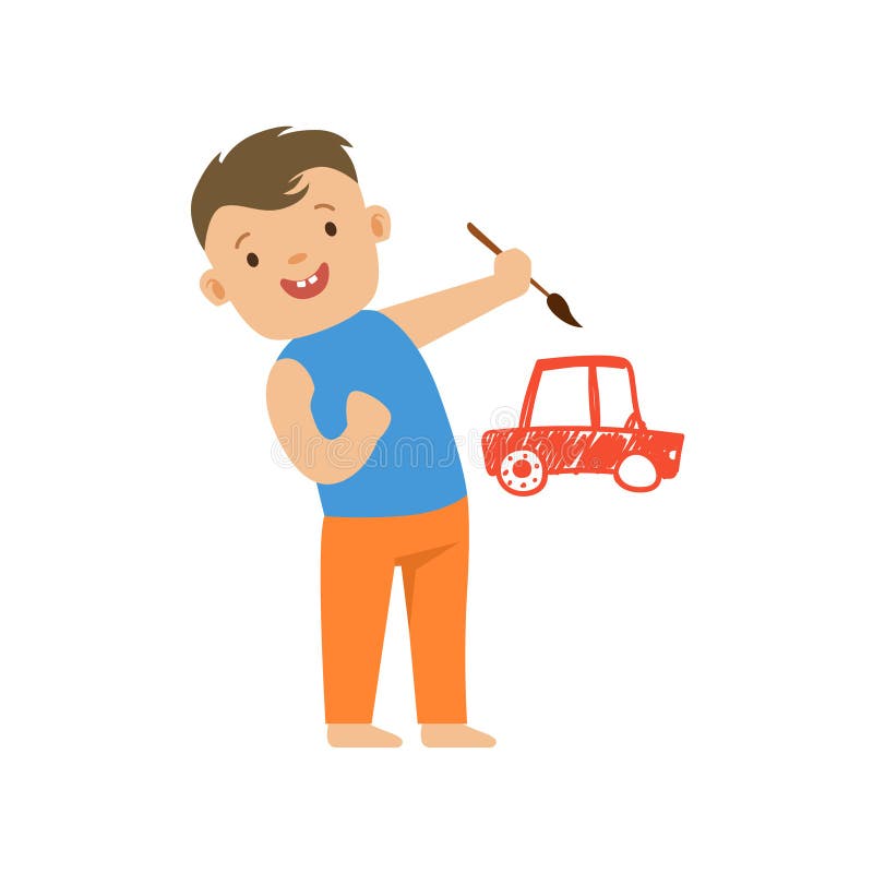 Cute smiling little boy painting a red car on a white wall. Colorful character vector Illustration stock illustration Cute smiling little boy painting a red car on a white wall. Colorful character vector Illustration stock illustration