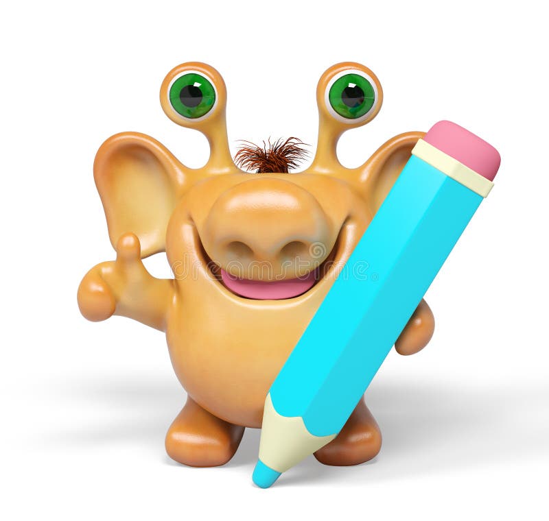 3d fantasy cartoon monster with big pencil isolated rendering royalty free illustration