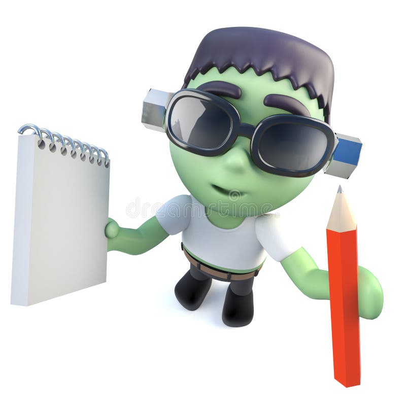 3d Funny cartoon frankenstein monster character holding a pencil and notepad royalty free illustration