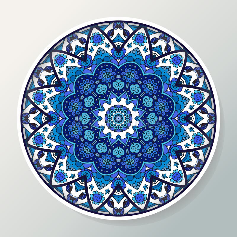 Decorative plate with round ornament in ethnic style. Mandala in blue colors. Oriental pattern. Vector illustration stock illustration