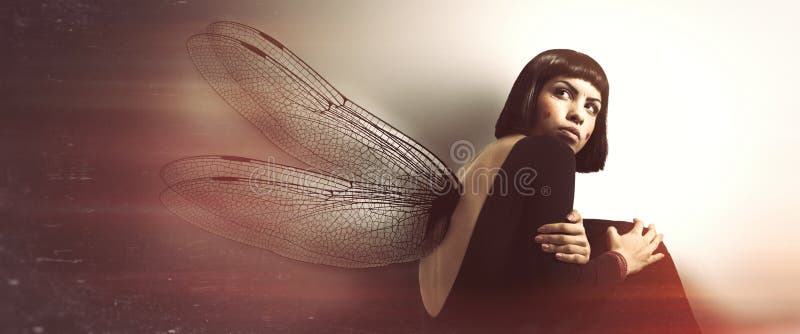 Delicate, feminine fragility. Young woman with wings. vector illustration