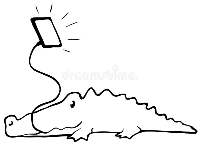Device Crocodile Cartoon Line Drawing. Phone gadget cable vanishing into mouth, vector, horizontal, over white stock illustration