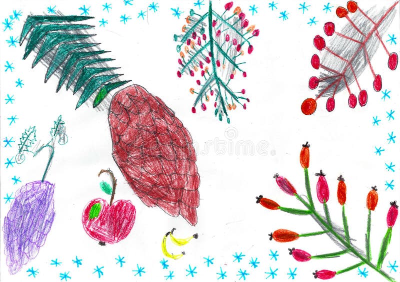 Different tree`s branches with snowflakes and fruits, child drawing vector illustration