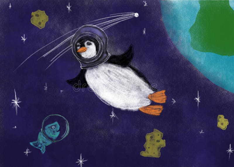 Digital art drawing of fantasy penguin in cosmos royalty free illustration
