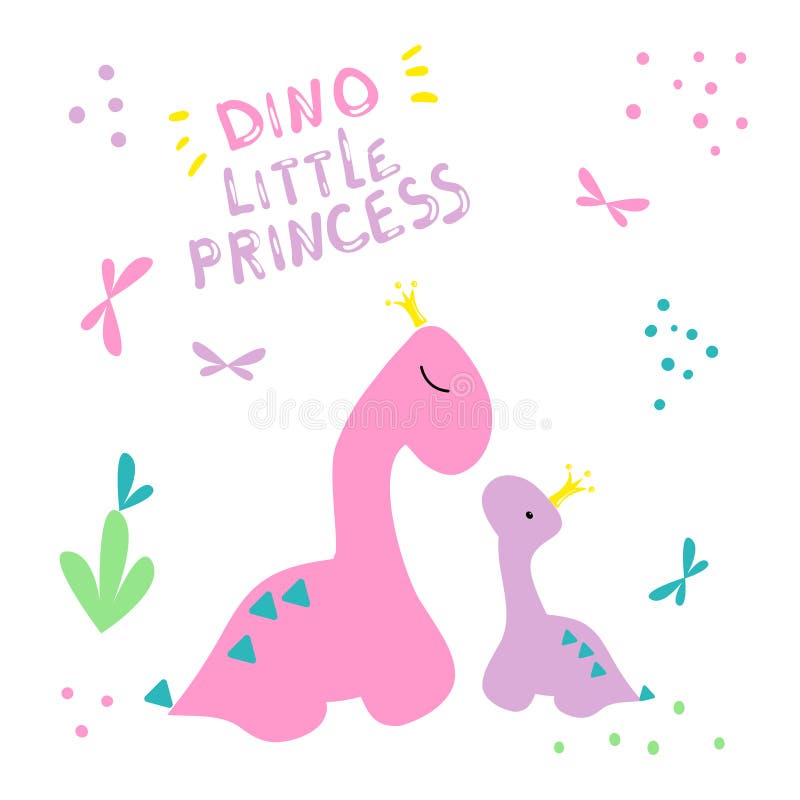 Dino cover. Two dinosaurs in crowns print. Little dinosaur and his mom pattern. Pink color poster with lettering little princess. Dino cover. Two dinosaurs in royalty free illustration