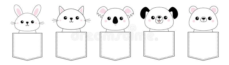 Dog, cat kitten, bear, rabbit, hare, grizzly, koala head face pocket set. Doodle linear sketch. Pink cheeks. Cute cartoon characte. R. T-shirt design. Pet animal stock illustration