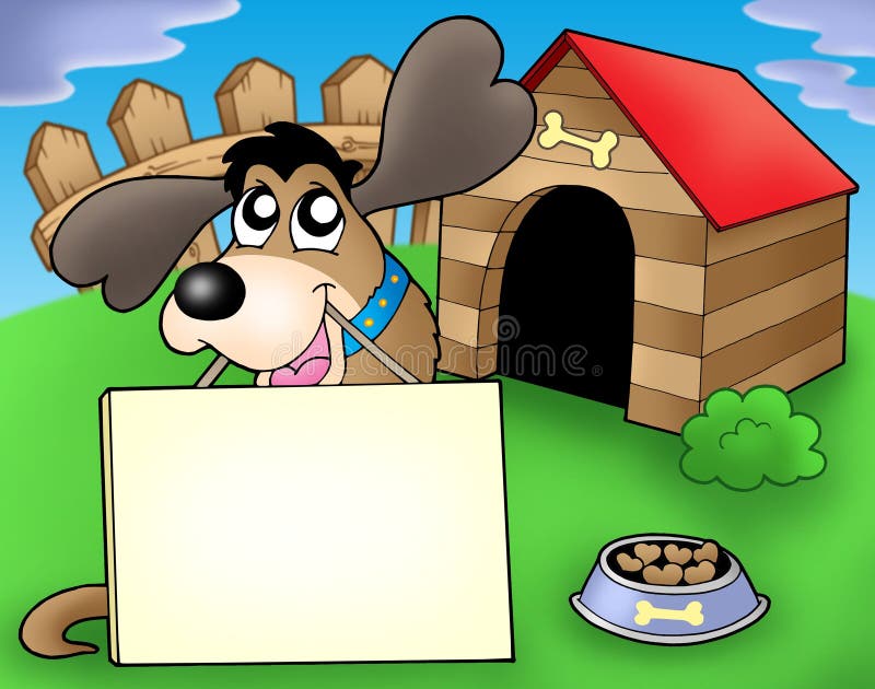 Dog with sign in front of kennel. Color illustration stock illustration Dog with sign in front of kennel. Color illustration stock illustration