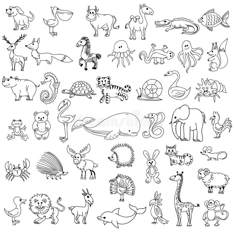 Doodle animals childrens drawing vector illustration