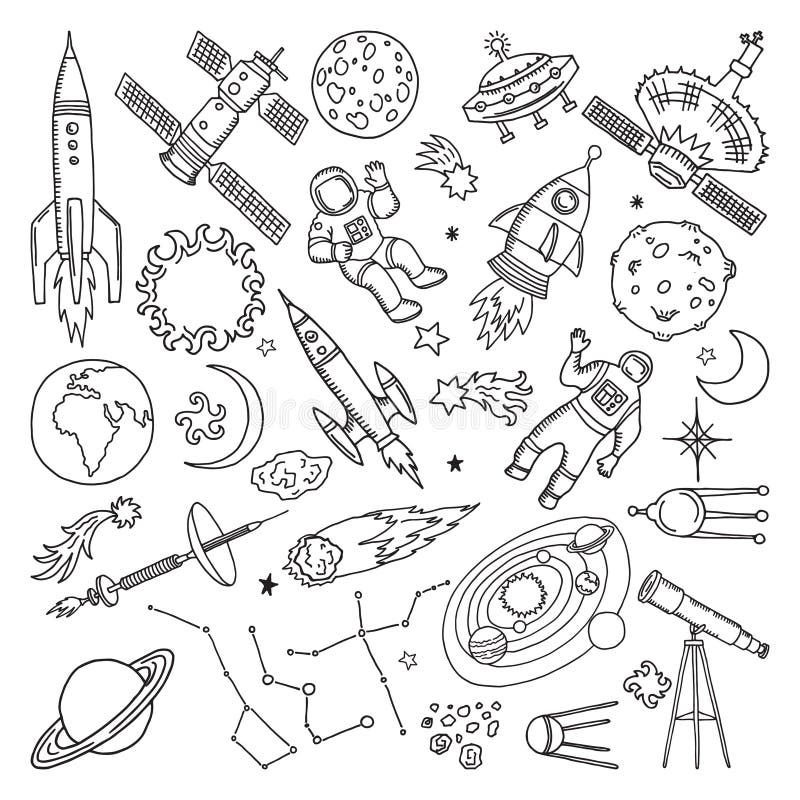 Doodle different universe elements. Planets, sun, earth and moon. Vector hand drawn illustrations vector illustration Doodle different universe elements. Planets, sun, earth and moon. Vector hand drawn illustrations vector illustration
