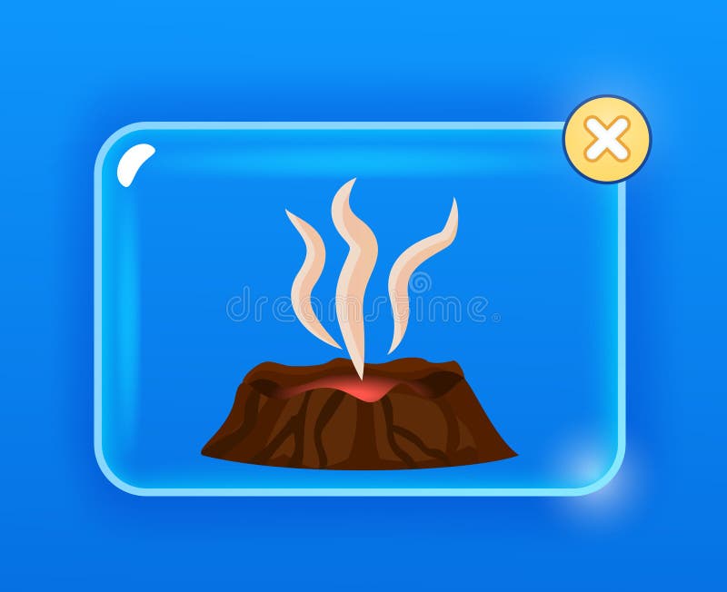 Dormant Brown Volcano, White Vapor Cartoon Drawing. Isolated on blue. Visible red lava in volcanic stone on glass screen with yellow round closing button stock illustration