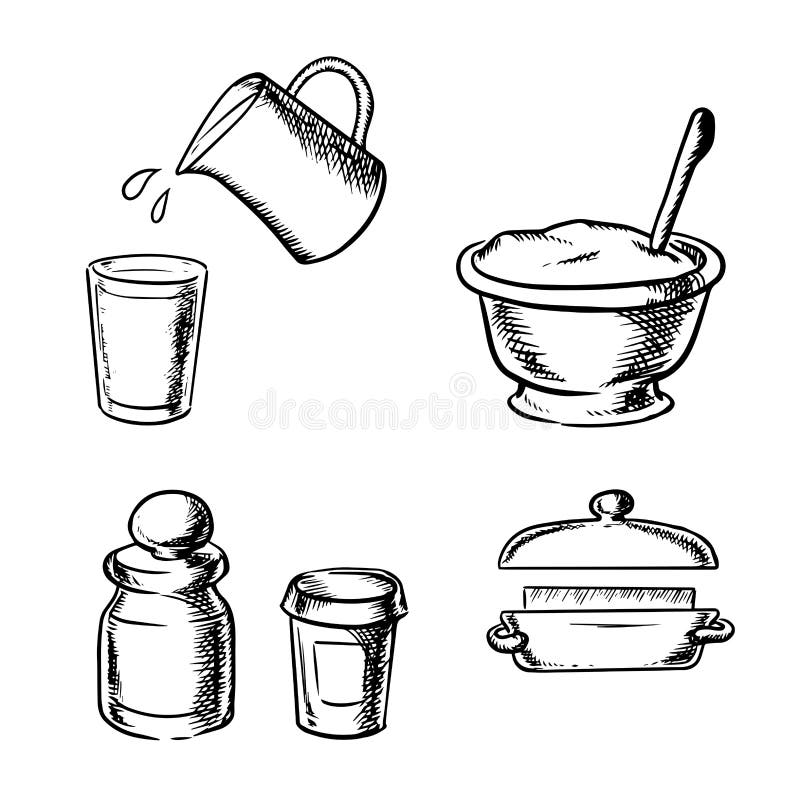 Dough, butter, milk, flour and spices sketch royalty free illustration