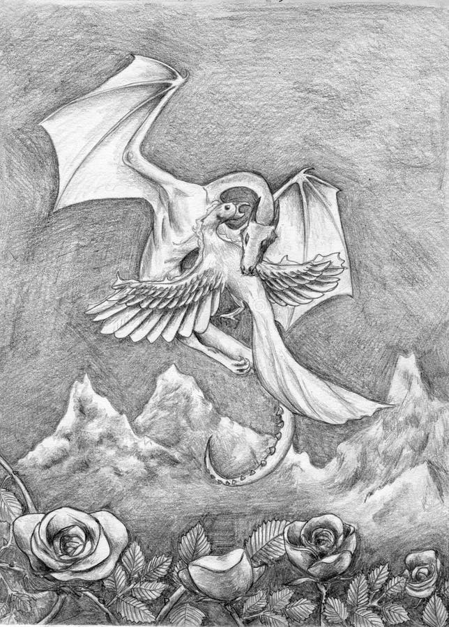 Dragon and phoenix. Fantasy scene: dragon fights burning phoenix above the mountains.Good vs evil. Pencil drawing vector illustration