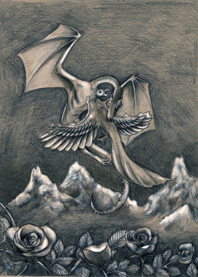 Dragon and phoenix. Fantasy scene: dragon fights burning phoenix above the mountains.Good vs evil. Pencil drawing stock illustration