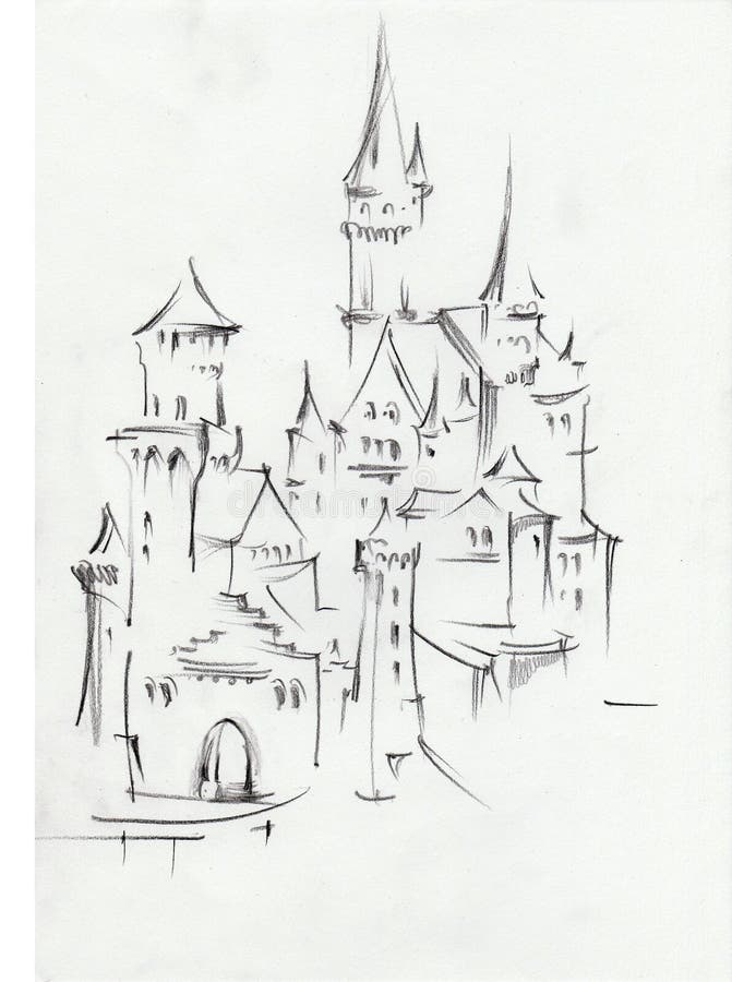 Drawing of architectural structures of the medieval fairy-tale castle in the mountains of Germany . Cityscape sketch handmade . Pencil drawing stock illustration