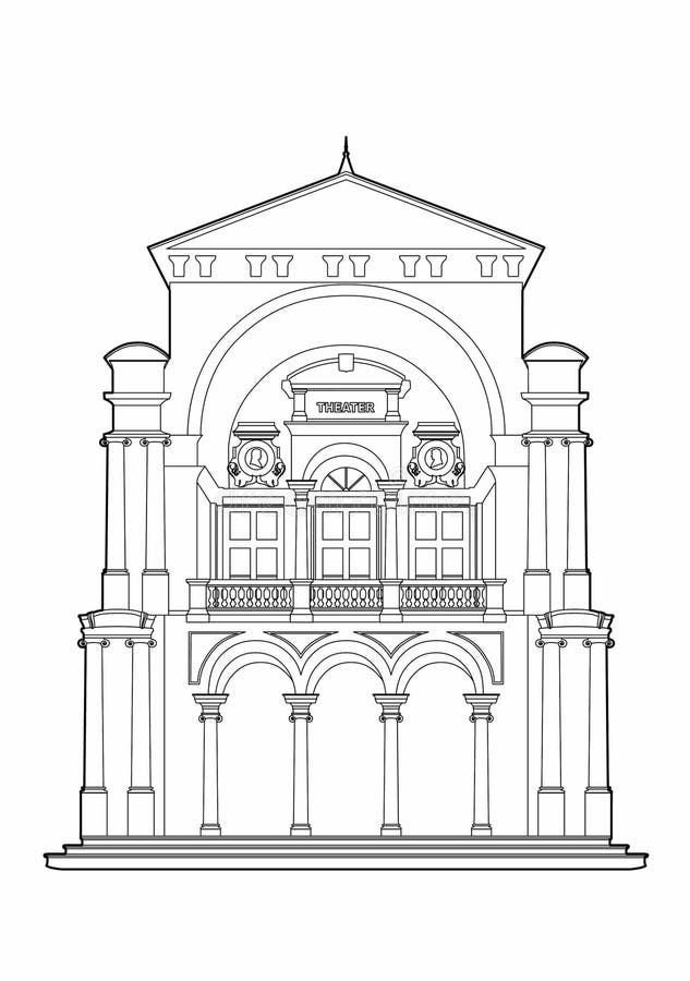Drawing of a baroque theater. Vector illustration of an old theater, EPS 10 file stock illustration