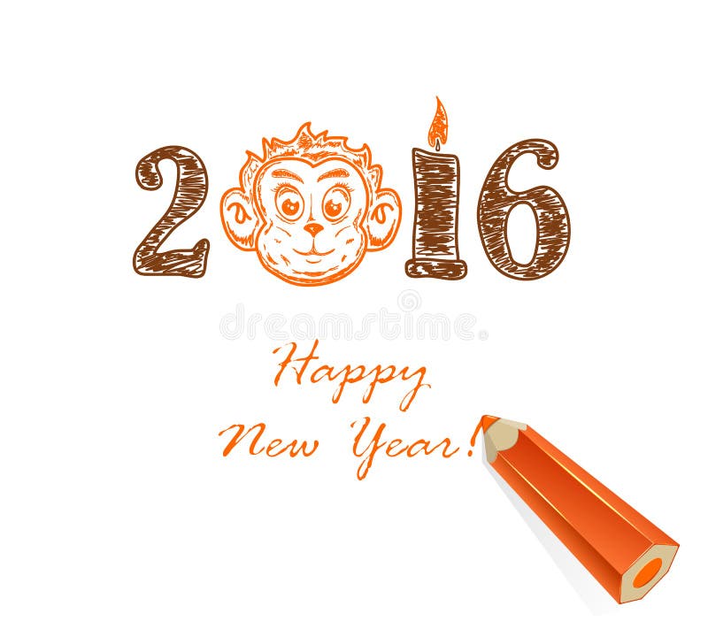 Drawing Happy new year and monkey. Drawing Happy new year, monkey and pencil on white background, illustration vector illustration