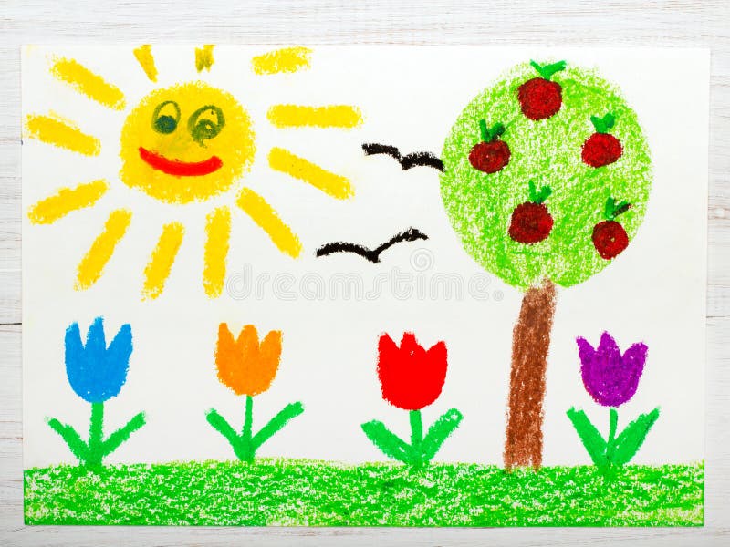 Drawing: landscape with apple tree, tulip flowers an happy sun royalty free illustration
