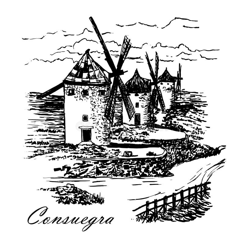 Drawing mill of Don Quixote in Consuegra in Spain, Castile La Mancha, graphic illustration. Drawing mill of Don Quixote in Consuegra in Spain, Castile La Mancha stock illustration