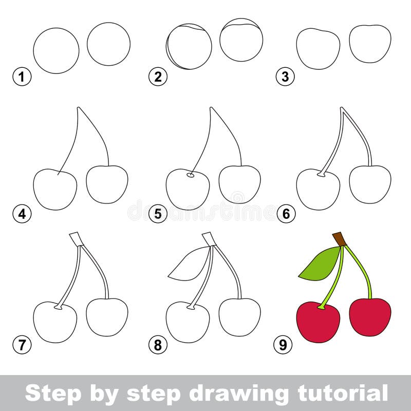 Drawing tutorial. How to draw a Cherry. Step by step drawing tutorial. Visual game for kids. How to draw a Cherry vector illustration