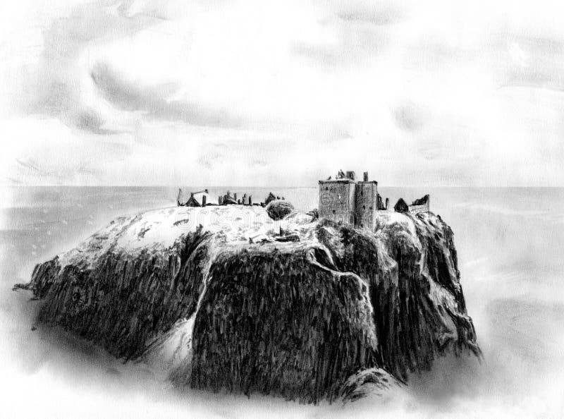 Dunnottar Castle - ruined medieval fortress / pencil drawing. Dunnottar Castle - ruined medieval fortress located upon a rocky headland on the northeastern coast vector illustration