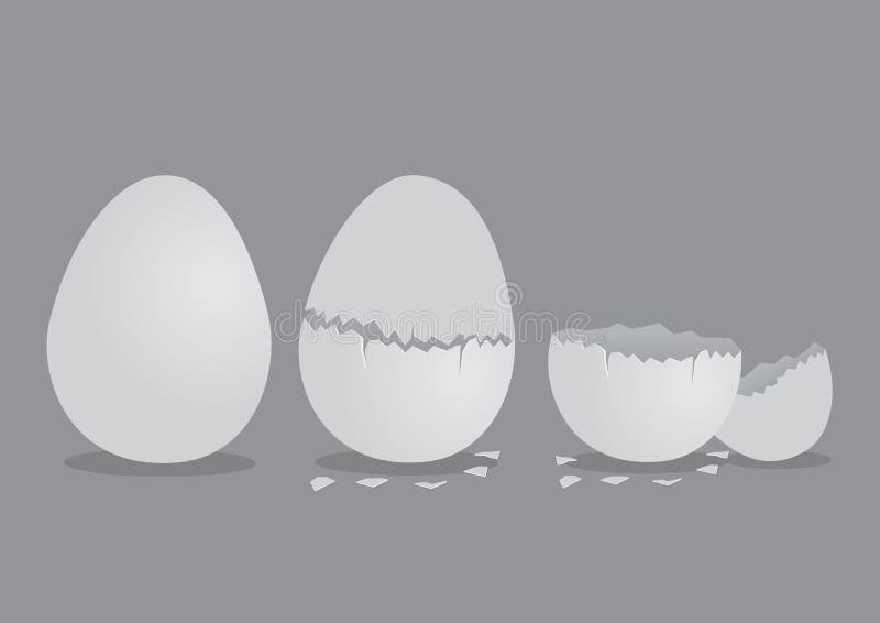Egg and Cracked EggShell Vector Illustration. Vector illustration of perfect egg, cracked egg and broken pieces of shells on grey background stock illustration