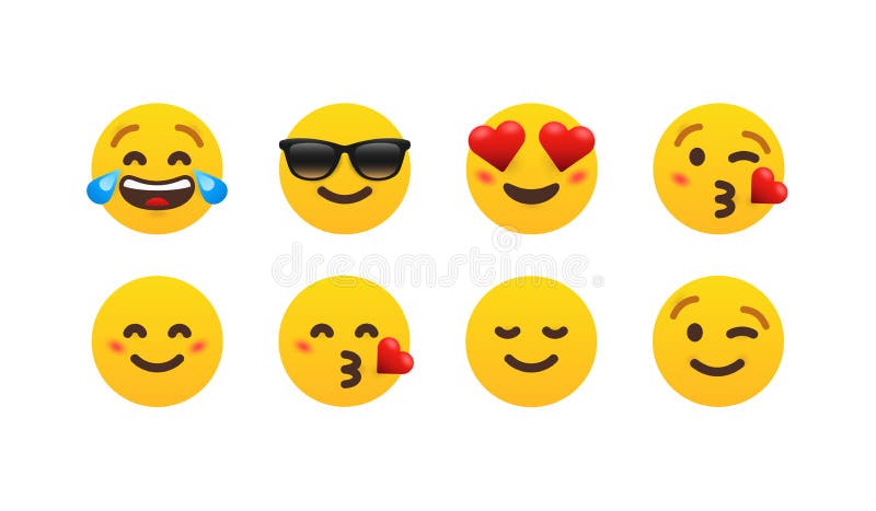 Eight funny gradient emoticon set. Eight emoticon set. Laughing cool in love kiss smile wink. Vector EPS 10 royalty free illustration