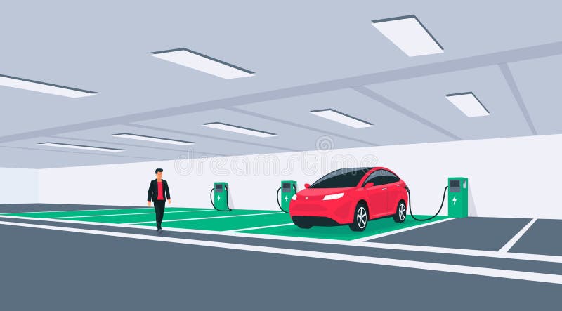 Electric Car Charging at Underground Garage on Parking Lot with Wall Box Charger stock illustration Electric Car Charging at Underground Garage on Parking Lot with Wall Box Charger stock illustration