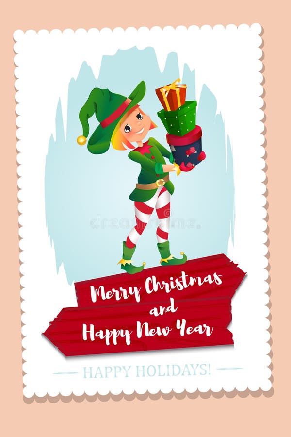Elf Santa s assistant with gifts isolated on a white background vector illustration