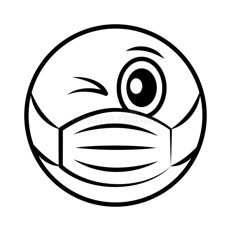 Emoticon wink face with medical mask coronavirus covid-19 pandemic, line cartoon style. Vector illustration stock illustration