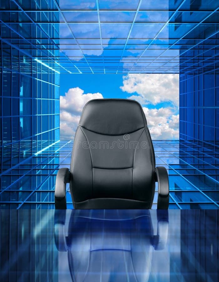 Empty executive chair job opportunity concept. Empty executive chair in front of a perspective future window royalty free stock photography Empty executive chair job opportunity concept. Empty executive chair in front of a perspective future window royalty free stock photography