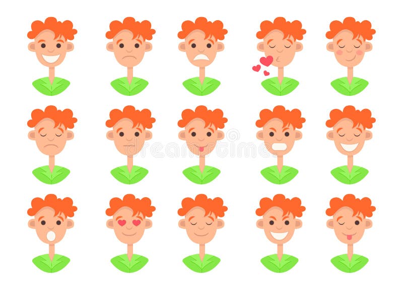 Facial emotion icon, smiley face set, flat colorful drawing, smile collection. Cute funny redhead guy bust with expression of. Various emotions isolated on royalty free illustration